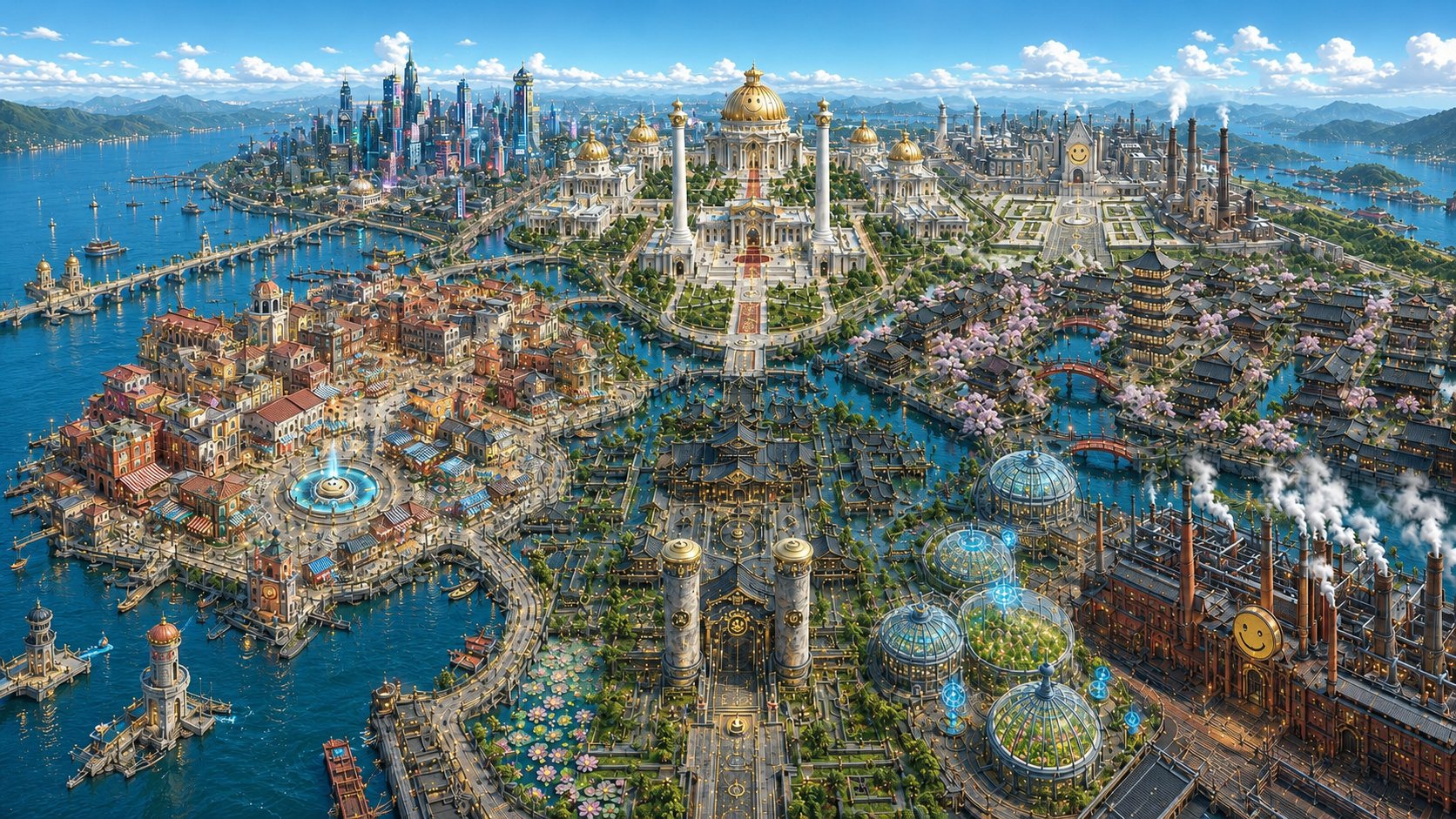 Aerial view of Smiley Town around the golden crown palace